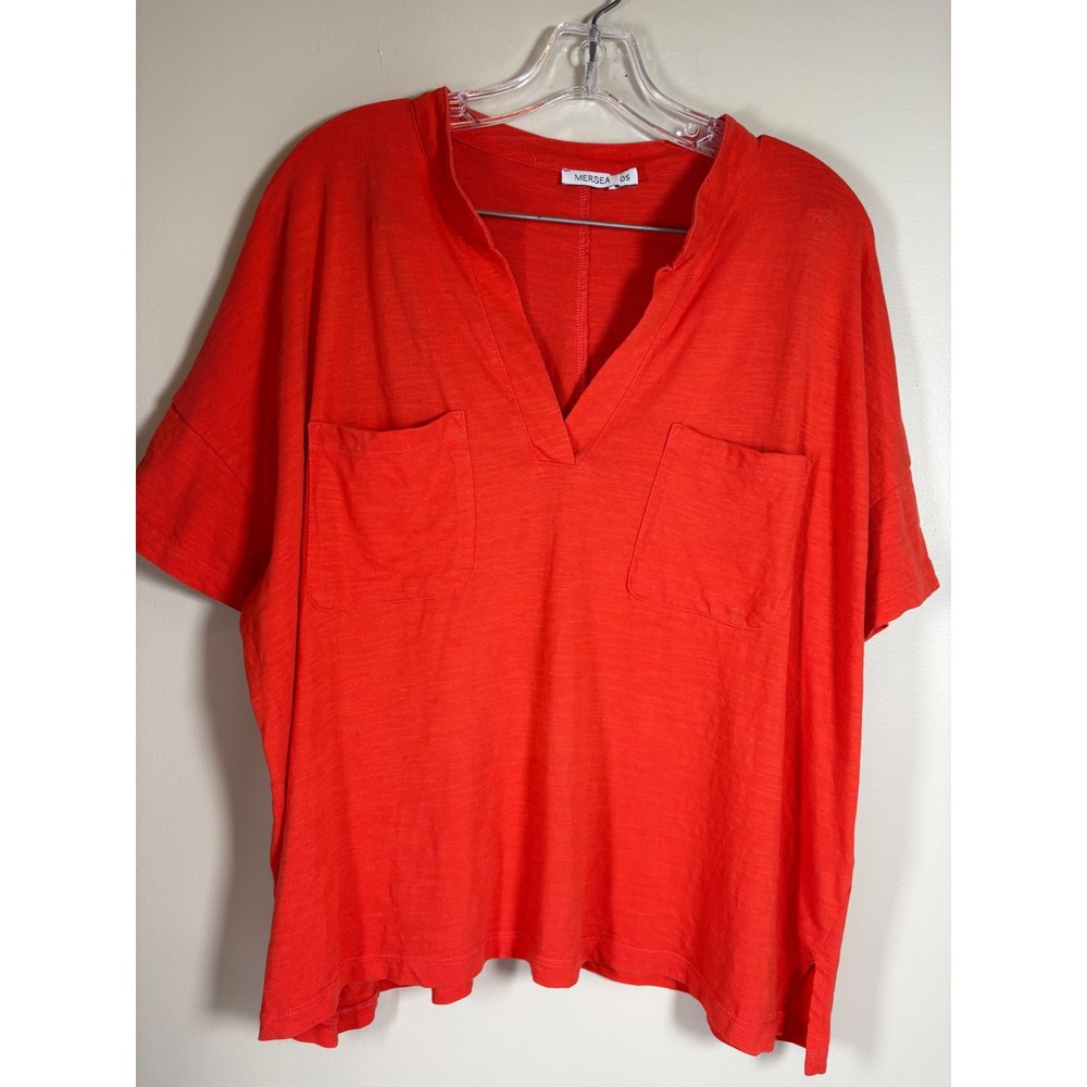 Mersea Womens OS Oversized Cotton Slub V-Neck Pocket Tee Orange Red Short Sleeve